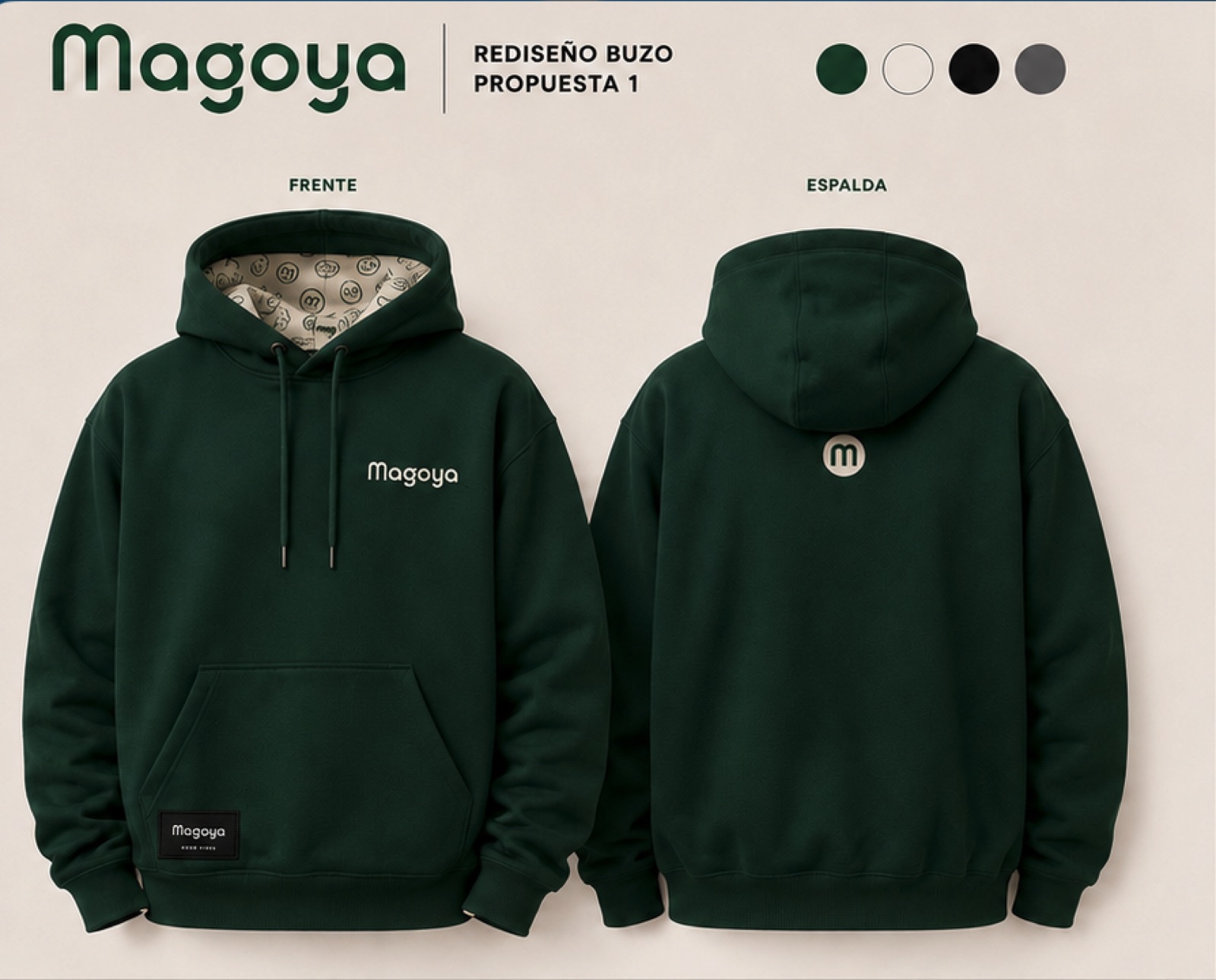 Buzo Magoya verde profundo — frente con wordmark crema en pecho, espalda con monograma m